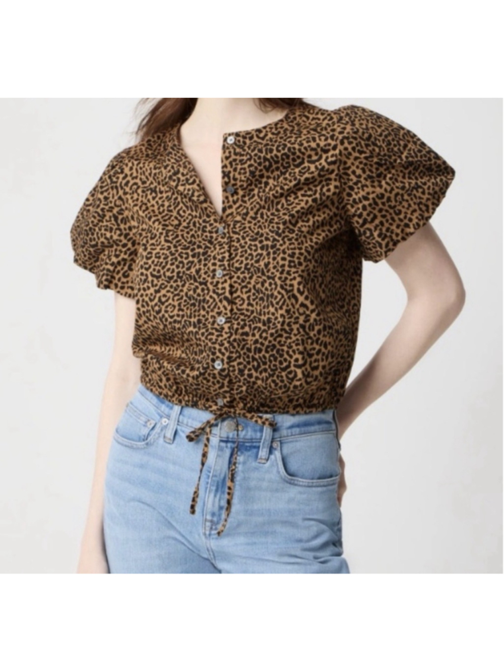 J.Crew Leopard Print Puff Sleeve Button-Front Cropped Top CK749 Animal Print